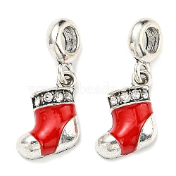 Rack Plating Brass Enamel European Dangle Charms, Christmas Stocking Large Hole Pendant with Crystal Rhinestone, Lead Free & Cadmium Free, Long-Lasting Plated, Antique Silver, Red, 29mm, Stocking: 18.5x11x4mm, Hole: 4.8mm(KK-D038-06AS)