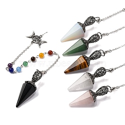 Natural & Synthetic Gemstone Pointed Hexagonal Cone Dowsing Pendulums, with Rack Plating Antique Silver Tone Alloy Findings and 7 Chakra Gemstone Round Beads, Cadmium Free & Lead Free, 213mm(G-Q184-03AS)