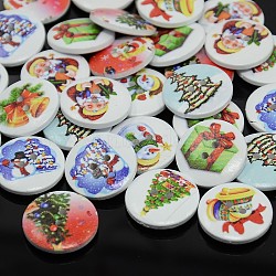 Holiday Buttons, 2-Hole Dyed Flat Round Printed Wooden Sewing Buttons for Christmas, Mixed Color, 15x4mm, Hole: 1.5mm(BUTT-P001-15mm-M)