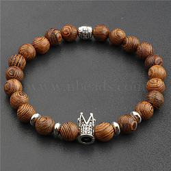 Wood & Alloy Beaded Stretch Bracelet, Crown, 6-3/4~7-1/2 inch(17~19cm)(WG20019-01)