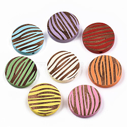 Painted Natural Wood Beads, Laser Engraved Pattern, Flat Round with Zebra-Stripe, Mixed Color, 20x5mm, Hole: 1.5mm(WOOD-T021-50B-M)