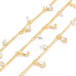 Brass Curb Chains, with ABS Plastic Imitation Pearl & Glass Charms, Soldered, with Spool, Real 18K Gold Plated, 1.5mm(CHC-A006-19G)