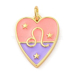 Brass Enamel Pendants, with Jump Ring, Real 14K Gold Plated, Heart with Twelve Constellations Charm, Leo, 19x14.5x2mm, Hole: 3mm(KK-Z077-01G-11)