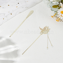 2Pcs 2 Styles Alloy Hair Sticks, with Imitation Pearl Bead, Butterfly, Golden, 166~170mm, 1pc/style(OHAR-LP0004-04)