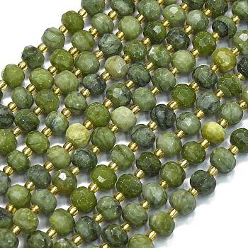 Natural Chinese Jade Beads Strands, with Seed Beads, Faceted, Lantern, 8~8.5x6.5~7mm, Hole: 0.6mm, about 44pcs/strand, 15.16''(38.5cm)