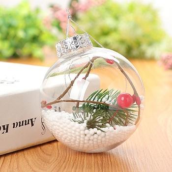 Transparent Plastic Fillable Ball Pendants Decorations, with Rattan inside, Christmas Tree Hanging Ornament, Clear, 80mm