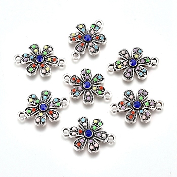 Alloy Links Connectors, with Sapphire Rhinestone & Colorful Seed Beads, Flower, Antique Silver, 16x22x3mm, Hole: 2mm