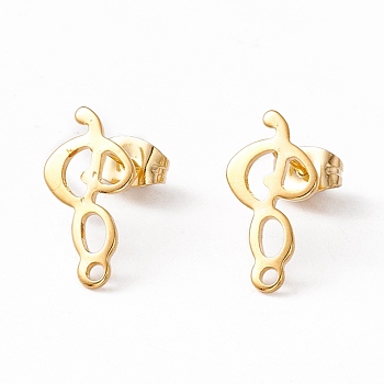 201 Stainless Steel Stud Earring Findings, with 304 Stainless Steel Pins, Horizontal Loops and Ear Nuts, Musical Note, Real 24K Gold Plated, 16x8mm, Hole: 1.4mm, Pin: 0.8mm