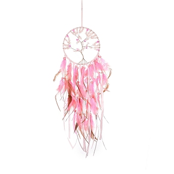 Tree of Life Natural Rose Quartz Chip Woven Web/Net with Feather Hanging Ornaments, Iron Ring for Home Living Room Bedroom Wall Decorations, Pink, 730mm