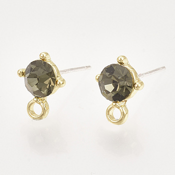 Alloy Stud Earring Findings, with Glass Rhinestones, Loop and Raw(Unplated) Pin, Golden, Black Diamond, 11.5x8.5mm, Hole: 1.8mm, Pin: 0.7mm