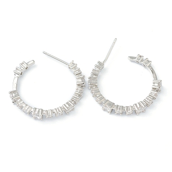 Brass Micro Pave Clear Cubic Zirconia Half Hoop Earrings, Long-Lasting Plated, Ring, Platinum, 25x3.5mm, Pin: 0.6mm