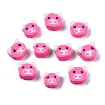 Handmade Polymer Clay Beads, Pig, Hot Pink, 7.5~9.5x8.5~10.5x4mm, Hole: 1.5mm