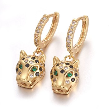Brass Leverback Earrings, with Cubic Zirconia, Leopard, Colorful, Golden, 30mm, Pin: 1mm