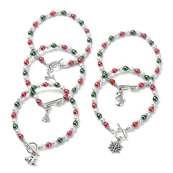Colorful Glass Pearl Round Beaded Stretch Bracelet, with Christmas Theme Tibetan Style Alloy Charms, Mixed Shapes, 9-3/4 inch(24.8cm)