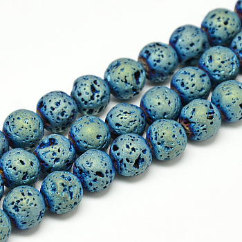 Electroplate Natural Lava Rock Beads Strands, Matte Style, Round, Green Plated, 10~11mm, Hole: 1mm, about 38pcs/strand, 15.3 inch