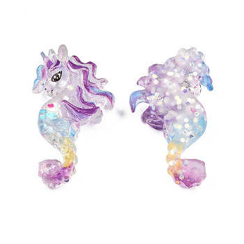 Transparent Resin Cabochons, with Glitter Sequins, Sea Horse, Purple, 36x23x7.5mm
