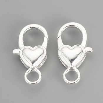 Alloy Lobster Claw Clasps, Heart, Silver Color Plated, 26.5x15x6.5mm, Hole: 4mm