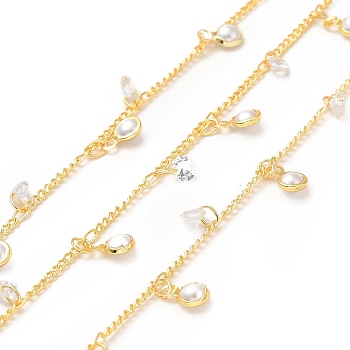 Brass Curb Chains, with ABS Plastic Imitation Pearl & Glass Charms, Soldered, with Spool, Real 18K Gold Plated, 1.5mm