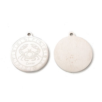 304 Stainless Steel Pendants, Flat Round with Constellations Charm, Stainless Steel Color, Cancer, 28x25x1.5mm, Hole: 2mm
