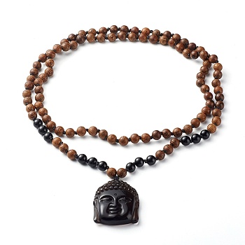 Natural Ice Crystal Obsidian Buddha Head Pendant Necklaces, with Natural Wenge Wood & Natural Obsidian Round Beads, Coconut Brown, 42.52 inch(108cm)