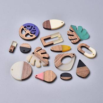 Resin & Wood Pendants, Mixed Shapes, Mixed Color, 15~32x10~27x2.5~3mm, Hole: 1.8mm