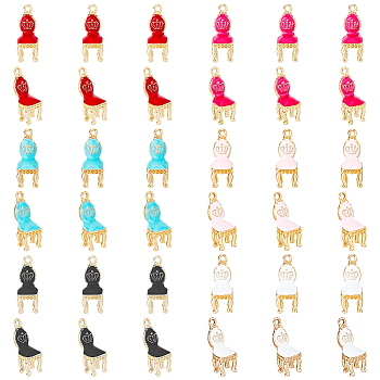 36Pcs 6 Colors Courtly Style Alloy Enamel Pendants, Golden, Chair with Crown Charm, Mixed Color, 26.5x10x9mm, Hole: 1.8mm, 6pcs/color