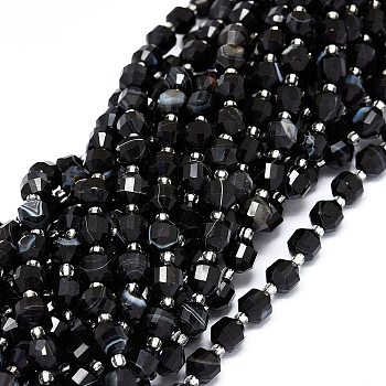 Natural Black Onyx Beads Strands, with Seed Beads, Faceted, Bicone, Double Terminated Point Prism Beads, Dyed & Heated, 7~8x7~8mm, Hole: 0.8mm, about 38pcs/strand, 15.35 inch(39cm)