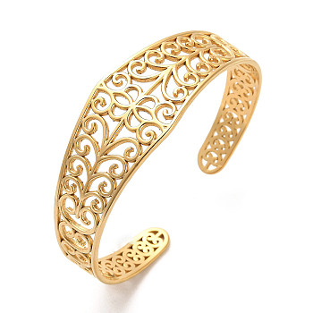 Hollow Out 304 Stainless Steel Flower Pattern Cuff Bangles, Golden, Inner Diameter: 2-1/4 inch(5.6cm)
