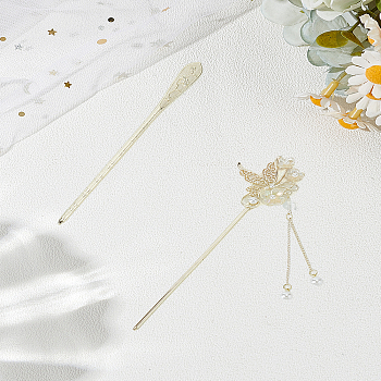2Pcs 2 Styles Alloy Hair Sticks, with Imitation Pearl Bead, Butterfly, Golden, 166~170mm, 1pc/style