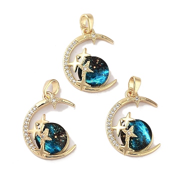 Rack Plating Brass Pave Clear Cubic Zirconia Pendants, Moon with Star Charms with Epoxy Resin, Real 18K Gold Plated, Long-Lasting Plated, Cadmium Free & Lead Free, Cyan, 21.5x16.5x8mm, Hole: 3x4.5mm