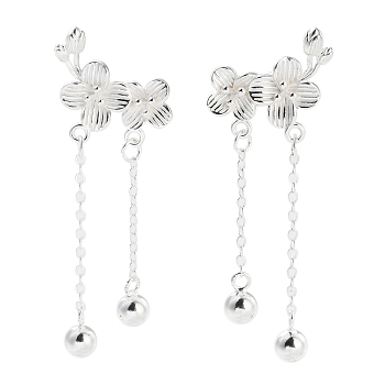 999 Sterling Silver Flower Stud Earrings, Silver, 40x14mm