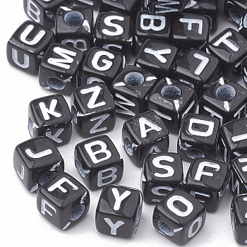 Opaque Horizontal Hole Acrylic Beads, Mixed Letters, Cube, Black & White, Letter, 5x5x5mm, Hole: 2mm, about 5000pcs/500g