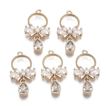 Brass Micro Pave Cubic Zirconia Pendants, Long-Lasting Plated, Ring with Teardrop, Light Gold, Clear, Clear, 25x13x3.5mm, Hole: 1.2mm