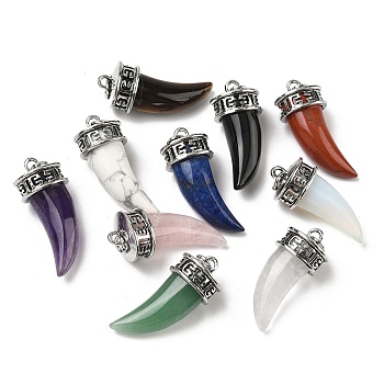 Natural & Synthetic Mixed Gemstone Pendants, Dagger Shape Charms with Alloy Findings, Antique Silver, Mixed Dyed and Undyed, 35~38x16x14~14.5mm, Hole: 4mm