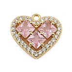 Brass Micro Pave Pink Cubic Zirconia Charms, Heart Charms, Rack Plating, Long-Lasting Plated, Cadmium Free & Lead Free, Real 18K Gold Plated, 13.5x15x4mm, Hole: 1.2mm(CU-CBAF17A-10G)