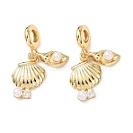 Ocean Brass Pave Clear Cubic Zirconia European Dangle Charms, Shell Shape Large Hole Pendants with ABS Plastic Pearl, White, Real 16K Gold Plated, 32mm, Hole: 5mm(KK-H278-05G)