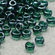 12/0 Grade A Round Glass Seed Beads, Transparent Colours Lustered, Dark Green, 12/0, 2x1.5mm, Hole: 0.3mm(SEED-Q011-F523)