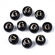 Handmade Lampwork Beads, with Golden Plated Brass Etched Metal Embellishments, Flat Round with Alphabet, Letter.G, 8x5mm, Hole: 0.8mm(LAMP-S196-001G)