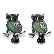Natural Green Aventurine Pendants, Antique Silver Plated Owl Charms with Blak Glass, Owl, 45x33.5x19mm, Hole: 8x9.5mm(G-H308-01AS-07)