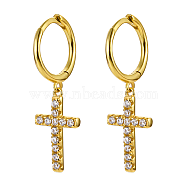 925 Sterling Silver Micro Pave Cubic Zirconia Dangle Hoop Earrings, Cross, Real 16K Gold Plated, 27x8.5mm(BH8612-1)