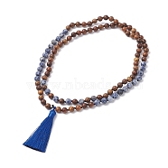 Natural Blue Spot Jasper & Wood Buddhist Necklace, Polyester Tassel Lariat Necklace for Women, Blue, 40.94 inch(104cm)(NJEW-JN04306)