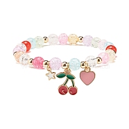 Candy Color Round Beaded Stretch Bracelet with Heart Cherry Charm for Women, Colorful, Inner Diameter: 2 inch(5cm)(BJEW-JB07636-01)