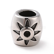304 Stainless Steel European Beads, Large Hole Beads, Drum with Flower, Antique Silver, 9x10mm, Hole: 5mm(STAS-M301-34AS)