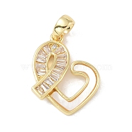 Shell Heart Pendants, Brass Pave Glass Charms, Real 18K Gold Plated, 20x15.5x3.5mm, Hole: 4x3mm(KK-P273-13G)