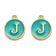 Golden Plated Alloy Enamel Charms, Enamelled Sequins, Flat Round with Alphabet, Letter.J, Green, 14x12x2mm, Hole: 1.5mm(X-ENAM-Q437-15J)