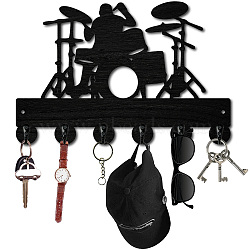 Black Wood & Iron Wall Mounted Hook Hangers, Decorative Organizer Rack, with 2Pcs Screws & 1Pc Screwdriver, 6 Hooks for Bag Clothes Key Scarf Hanging Holder, Musical Instruments, 300x200x7mm, Hole: 5mm(DIY-WH0601-003)