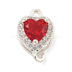 Brass Pave Cubic Zirconia Connector Charms, Heart Links, Silver Color Plated, Red, 15x9x6mm, Hole: 1.2mm(KK-Z072-06S-06)