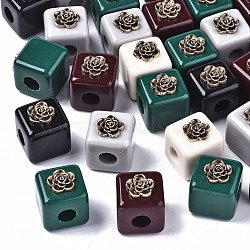 Resin European Beads, with Antique Golden Plated Alloy Findings, Large Hole Beads, Cadmium Free & Lead Free, Cube with Flower, Mixed Color, 22.5x19.5x19.5mm, Hole: 6mm(X-RESI-N022-07-RS)