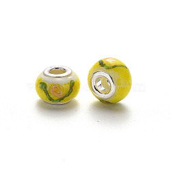 Handmade Lampwork European Beads, Large Hole Rondelle Beads, with Platinum Tone Brass Double Cores, with Flower Pattern, Yellow, 14~16x9~10mm, Hole: 5mm(LPDL-N001-075-B07)