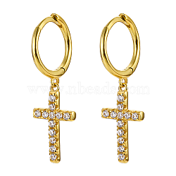 925 Sterling Silver Micro Pave Cubic Zirconia Dangle Hoop Earrings, Cross, Real 16K Gold Plated, 27x8.5mm(BH8612-1)